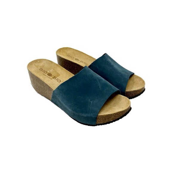 Bio Bio Platform Wedge Platform Sandals Blue Leather Cork Slip On Shoes Size 9.5 - Picture 1 of 11
